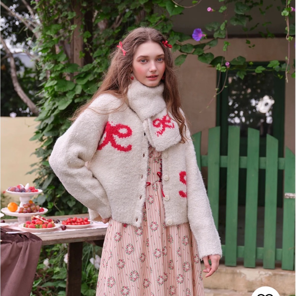 lacemade bow cardigan sweater with matching scarf